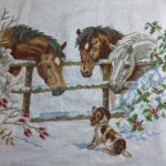 cross stitch horses and puppy. dog and horses standing at wooden fence, winter scene