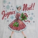 cross stitch joyeux noel, christmas lady snowflakes, red dress, holly with ribbon