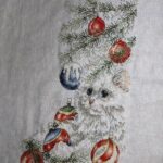 cross stitch kitten stocking by Janlynn, Christmas white kitten cat, tree, ornaments