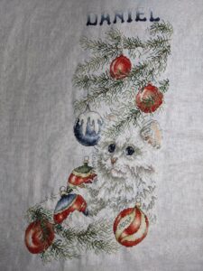 cross stitch kitten stocking by Janlynn, Christmas white kitten cat, tree, ornaments
