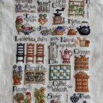 cross stitch kitchen sampler by leisure arts. alphabet, country kitchen items