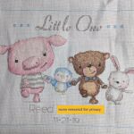cross stitch little one birth record by dimensions. baby birth announcement cute animals, pig, bird, bear, bunny