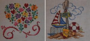 Rainbow heart cross stitch. floral heart with bow. Seaside view cross stitch. small nautical. Model cross stitching, Kooler design studio, Ursela Michael, just cross stitch magazine