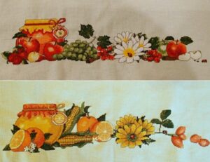 cross stitch seasonal apples and oranges, flowers, fruit