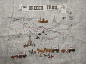 cross stitch oregon trail, oregon map, horses, covered wagons, pioneer, settlers