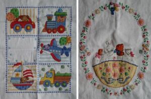 cross stitch baby sampler. cross stitch baby transportation.